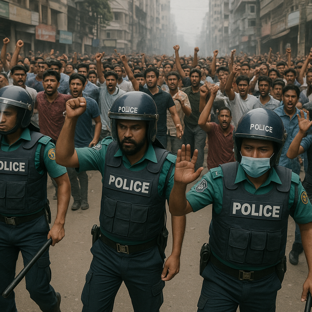 Bangladeshi police intervening to prevent mob violence